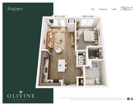 Floor plan for 1 bed, 1 bath, 780 sqft